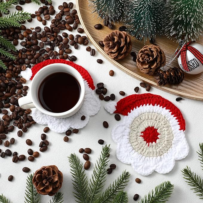 5 Pcs Christmas Crochet Coaster Gift Set Santa Claus Coaster with Body Storage Basket Xmas Handmade Present Woven Cup Mats Kit for Christmas Party Gifts Holiday Kitchen Office Home Decor