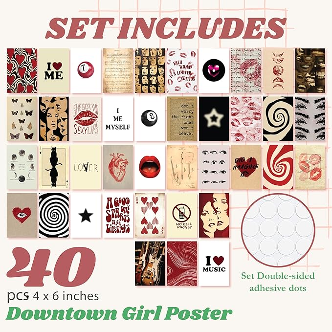 97 Decor Downtown Girl Room Decor - Downtown Girl Posters for Room Aesthetic Y2k, Retro Red Room Decor Y2k Bedroom Decorations, Mini Red Posters Coquette Wall Collage Kit for Teen College Dorm (4x6)
