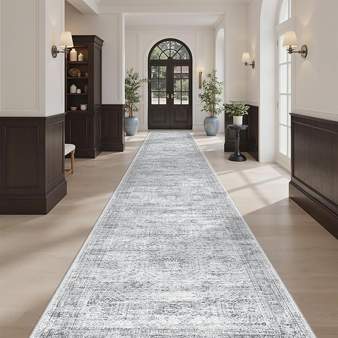 Soalmost Runner Rug 2'6" x 16' Washable Non-Slip 2.5x16 ft Long Runner Rugs for Kitchen Bathroom Laundry Room Vintage Ultra Thin Runners for Hallway Entryway Grey