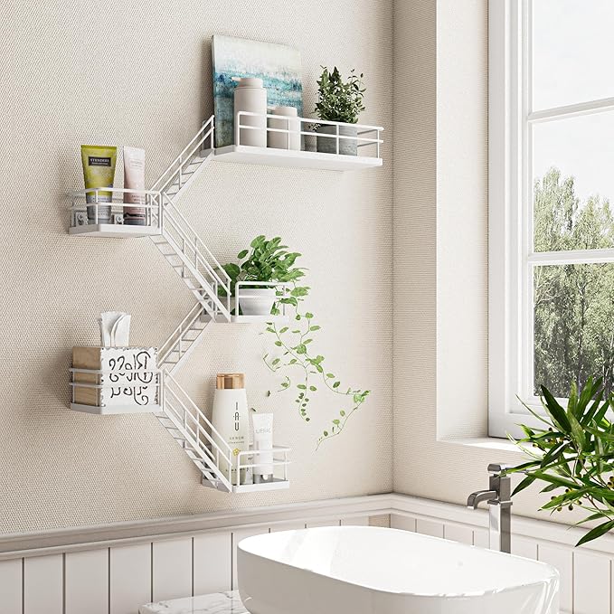 Fire Escape Shelf - 5 Tier Metal White Fire Escape Wall Shelves with Baskets, New York Action Figurine Display Shelf, Unique Rustic Floating Decorative Wall Shelves for Any Room