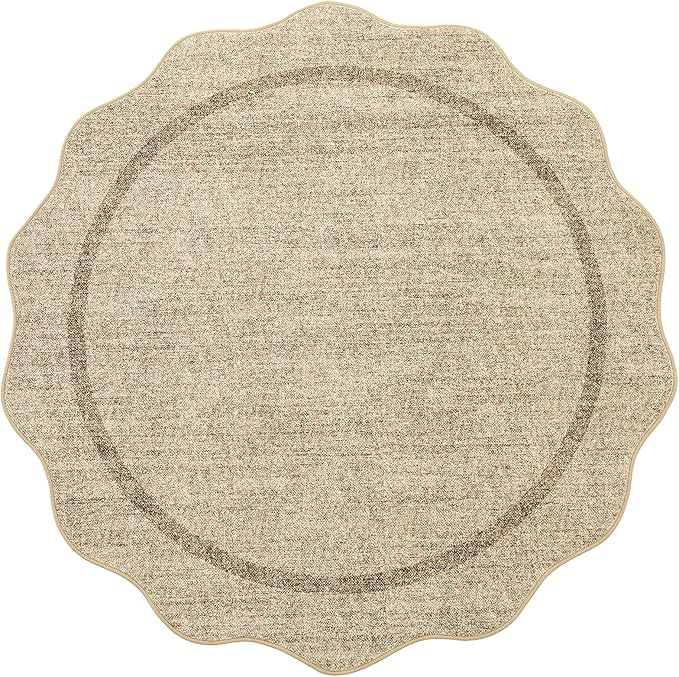 GarveeHome Scalloped Washable Round Rugs, Non-Slip Soft Round Rug 4ft Ultra-Thin, Small Boho Circle Stain Resistant Low Pile Carpet for Entryway Kitchen Bedroom Nursery Bathroom, Jute