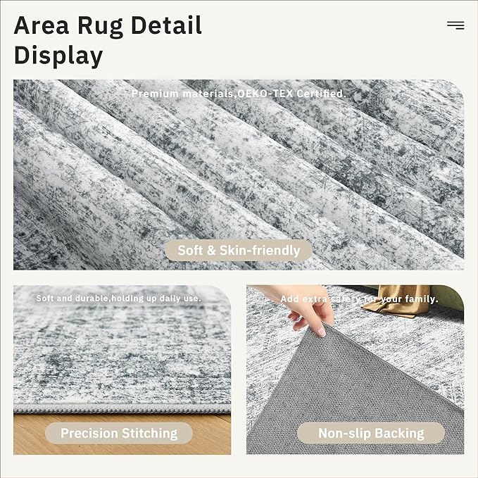 Soalmost Washable Area Rug 8x10, Large Soft Rugs for Living Room Farmhouse Vintage Gray Area Rugs for Bedroom Dining Room Non-Slip Stain Resistant Under Table Rug Grey