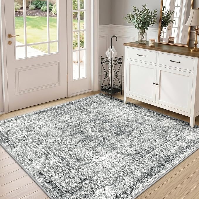 CAPALOCA Machine Washable Rugs Nursery Rug Sq4ft Cute Girl Non Slip Low Pile Water Repellent Soft Print Pattern for Bedroom Indoor Decor Kids Playroom Grey