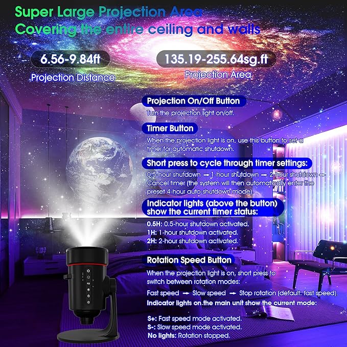 Galaxy Projector，Upgraded HD Star Projector Lens, 10 Realistic Nebula Scenarios Room Lights，Timer off Controls&8-Color Night Light，Super Wide Ceiling Coverage for Bedrooms Home Theaters Kids Rooms