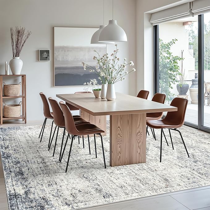 Soalmost Washable Area Rug 8x10, Large Soft Rugs for Living Room Vintage 8x10 Area Rugs for Bedroom Dining Room Non-Slip Stain Resistant Under Table Blue Ivory Rug