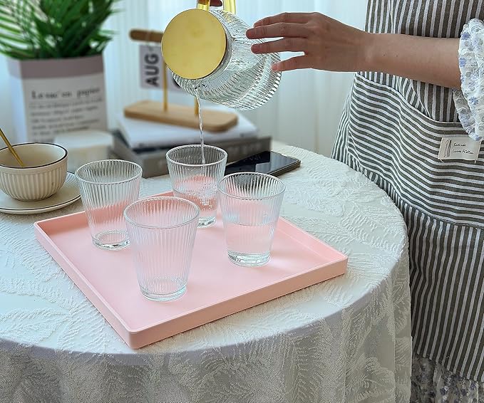 Pink Square Tray - 11 Inch Decorative Organizer Tray for Vanity, Bathroom Countertop, Coffee Table & Ottoman | Multi-Purpose Serving, Makeup, Jewelry, & Catch-All Tray for Home Decor