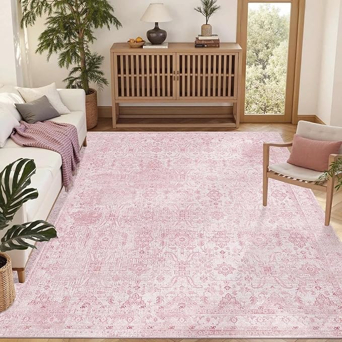 Rugxara Pink Rug for Living Room Bedroom, 5x7 Area Rugs Washable Vintage Floral Retro Boho Non Slip & Low Pile Nursery Carpet for Indoor Girls Kids Room, Classroom, Dorm, Playroom and Dining Room