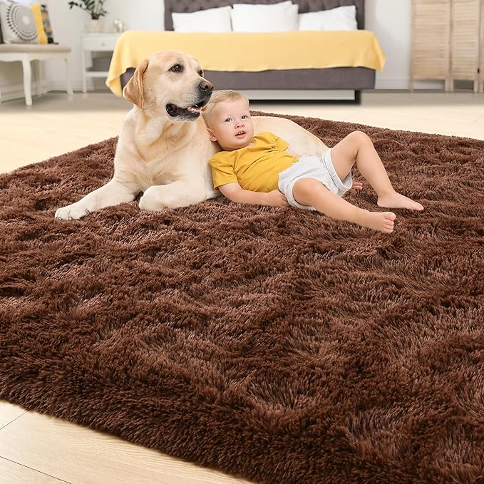 Tepook Super Soft Fluffy Rugs for Living Room, Area Rugs 8x10 for Bedroom, Modern Shaggy Rug Fuzzy Carpets for Kids, Plush Indoor Nursery Home Decor Rug with Non-Slip Bottom, Brown