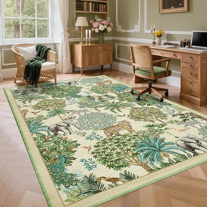 GarveeHome Jungle Rug 10x13 Washable Area Rugs for Living Room, Beige Animal Print Rug Non Slip Low Pile Forest Stain Resistance Large Throw Carpet for Kids Bedroom Nursery Playroom Dining Room