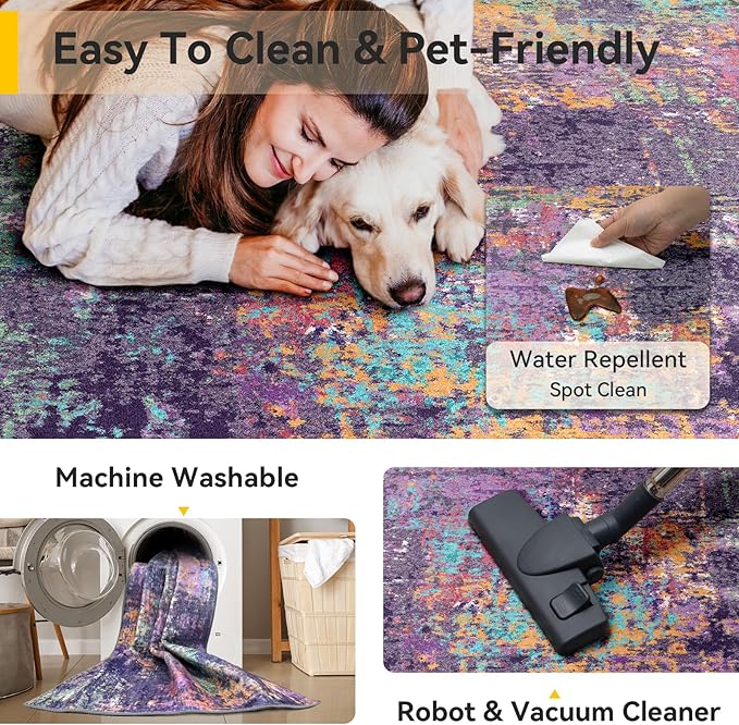 RELEANY Washable Area Rugs 2'x6' Non-Slip Modern Abstract Soft for Living Room Entryway Bedroom Nursery, Print Pattern, Purple Orange Blue Green Rust Red Colorful