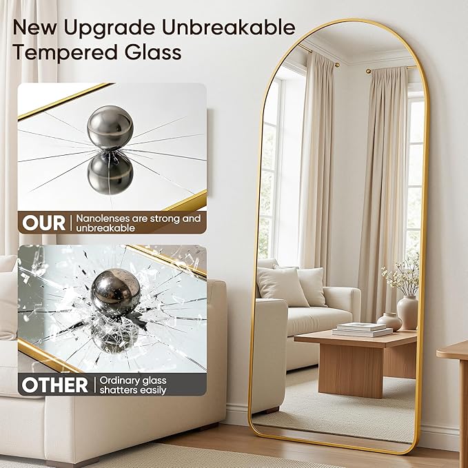 Antok Full Length Mirror, 56"x15" Floor Mirror with Stand, Hanging Mounted Mirrors for Bedroom, Living Room, Cloakroom, Dining Room, Gold, Arch