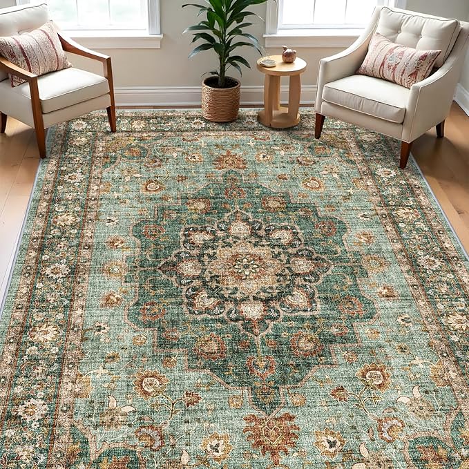 TOPRUUG Washable Oriental Area Rug - 7x9 Rugs for Living Room Soft Carpet for Bedroom Waterproof Floral Distressed Indoor Stain Resistant Non-Shedding Floor Carpets (Green, 7x9)