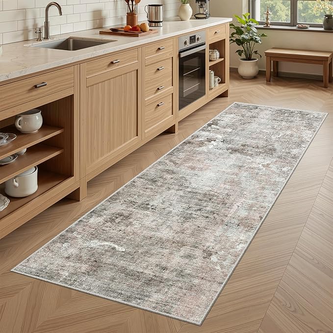 Soalmost Runner Rug 2x6 Washable Non-Slip Kitchen Runner Rugs for Bathroom Laundry Room Pink/Grey Vintage Floor Carpet Runners for Hallway Entryway