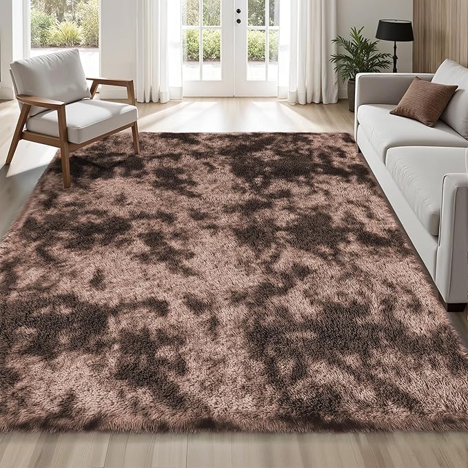 Area Rug for Living Room Bedroom: 6x9 Soft Fluffy Shag Upgrade Non-Slip High Pile Carpet Large Fuzzy Plush Indoor Floor Decor Shaggy Coffe Tie-Dyed Rug for Kid Boys Girls Playroom Nursery Modern Home