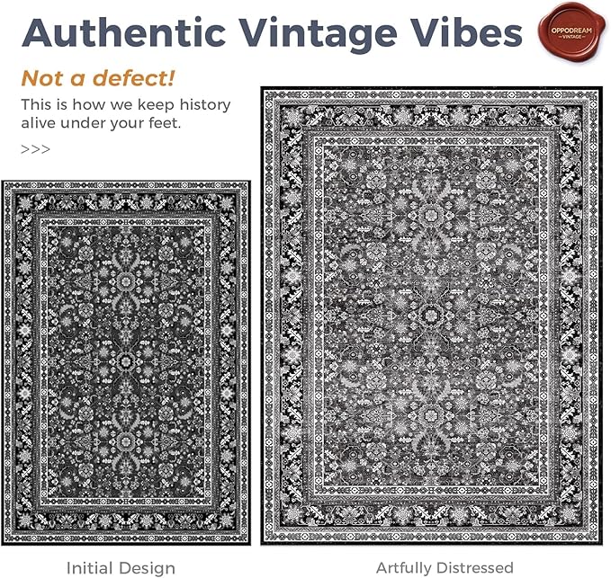 OPPODREAM Vintage Black Area Rugs 10x14, 10 x 14 Retro Washable Rug Non Slip, Low-Pile Faux Wool Carpet, Distressed Floor Mat for Living Room, Bedroom, Office, Dorm, Dinning Room, Big & Large