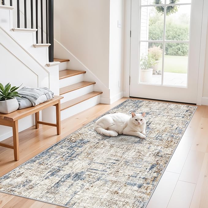 3x7 Washable Non-Slip Kitchen Runner Rug – Modern Abstract Neutral Beige & Gray Carpet for Hallway, Entryway, Bedroom, Laundry Room – Low-Pile Thin Wide Floor Runner with Rubber Backing（Blue Brown）