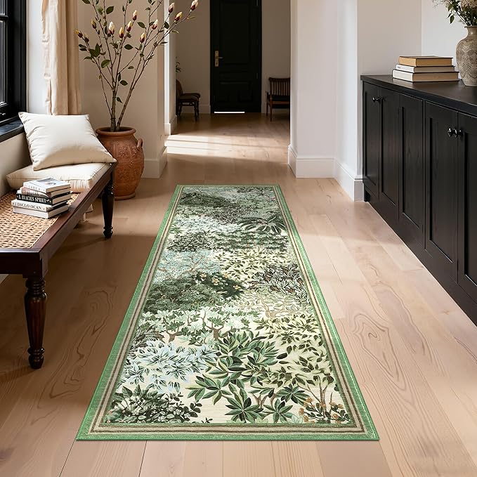 GarveeHome Forest Runner Rug 2.5x10, Beige Green Washable Runner Rug for Kitchen, Botanical Low Pile Non Slip Stain Resistance Woodland Hallway Rug for Entryway Bedroom Laundry Room