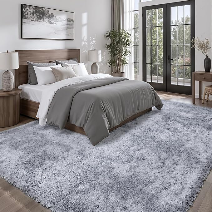Area Rug for Living Room Bedroom: 9x12 Light Grey Soft Fluffy Shag Upgrade Non-Slip High Pile Carpet Large Fuzzy Plush Indoor Floor Decor Shaggy Rug for Kid Boys Girls Playroom Nursery Modern Home