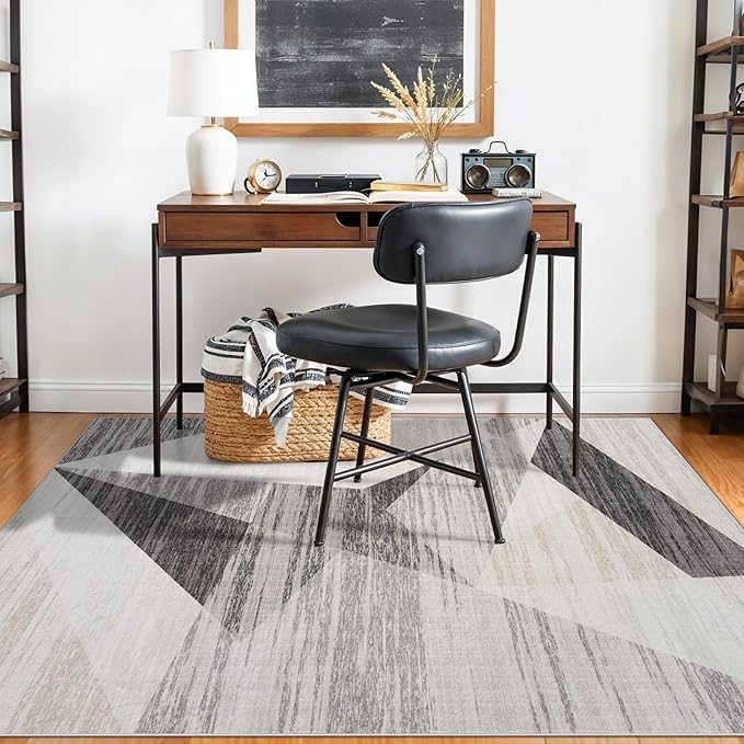 4x5 Washable Entryway Office Rug: Mid Century Modern Area Rugs Geometric Non Slip Soft Low Pile Indoor Carpet for Living Room Bedroom Kitchen Bathroom Entrance (Grey Cream Beige, 4X5)