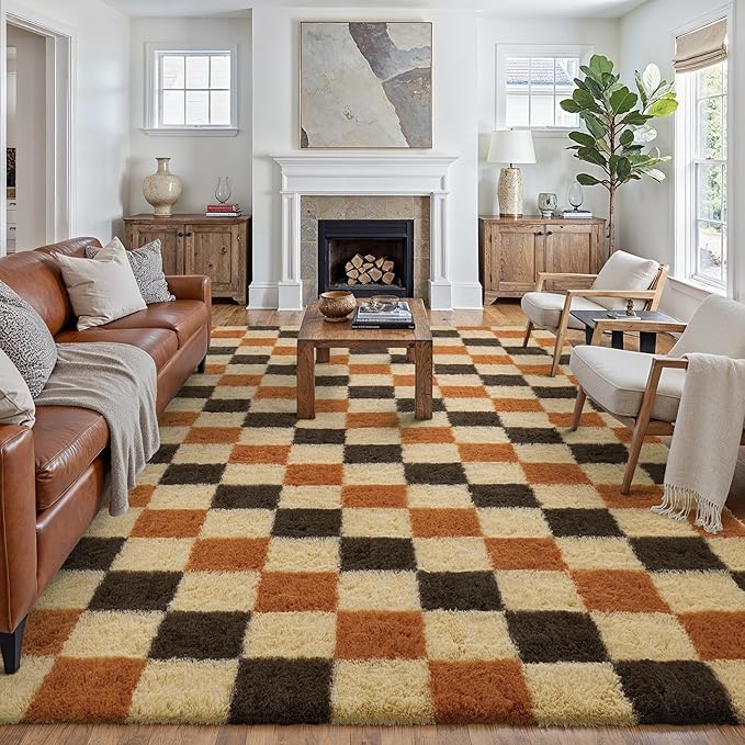 PureCozy Checkered Rug 8x10 for Living Room, Colorful Modern Shag Rug Washable Non-Slip Large Area Rug Super Soft Indoor Fuzzy Carpet Fluffy Rugs for Bedroom Home Aesthetic Decor