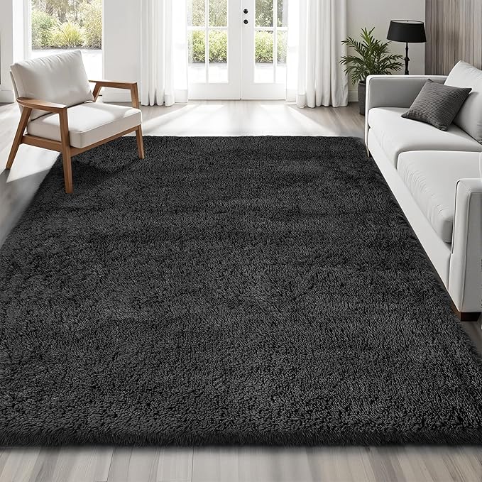 Area Rug for Living Room Bedroom: 4x6 Black Soft Fluffy Shag Upgrade Non-Slip High Pile Carpet Large Fuzzy Plush Indoor Floor Decor Shaggy Rug for Kid Boys Girls Dorms Playroom Nursery Modern Home