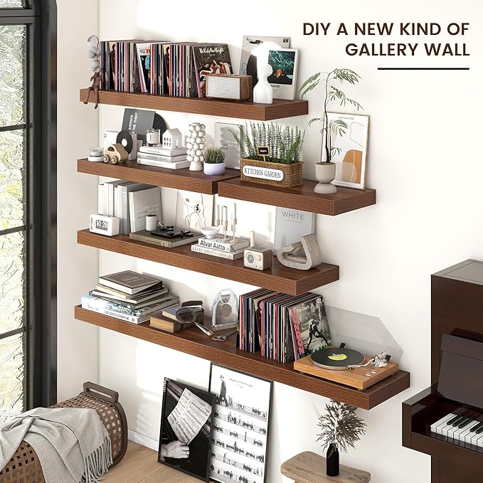 Venusmiles Floating Shelves for Wall, Engineered Wood Wall Shelves with Invisible Brackets for Living Room Bedroom Bathroom Office Kitchen Decor and Storage (Walnut, 55" W x 9" D x 1.5" H) Set of 1