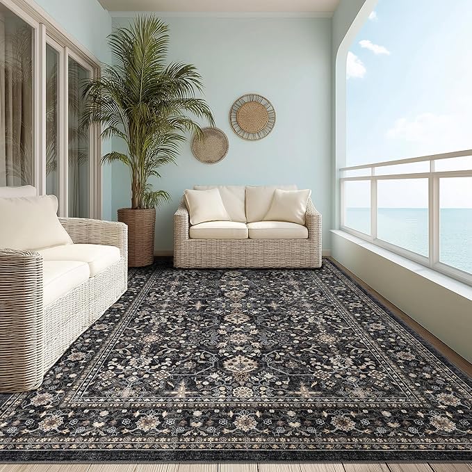 Ruaruarug Area Rug Non Slip Machine Washable Ultra Soft Living Room/Bedroom/Kitchen/Outdoor/Classroom, Black Grey, 8'×10'