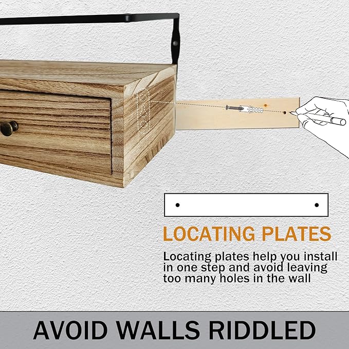 dreampossible 2-Pack Rustic Floating Shelves with Drawer, Wall Mounted Bathroom Shelf, 15.8 Inch Long, Brown Wood & Metal, 30 lbs Capacity