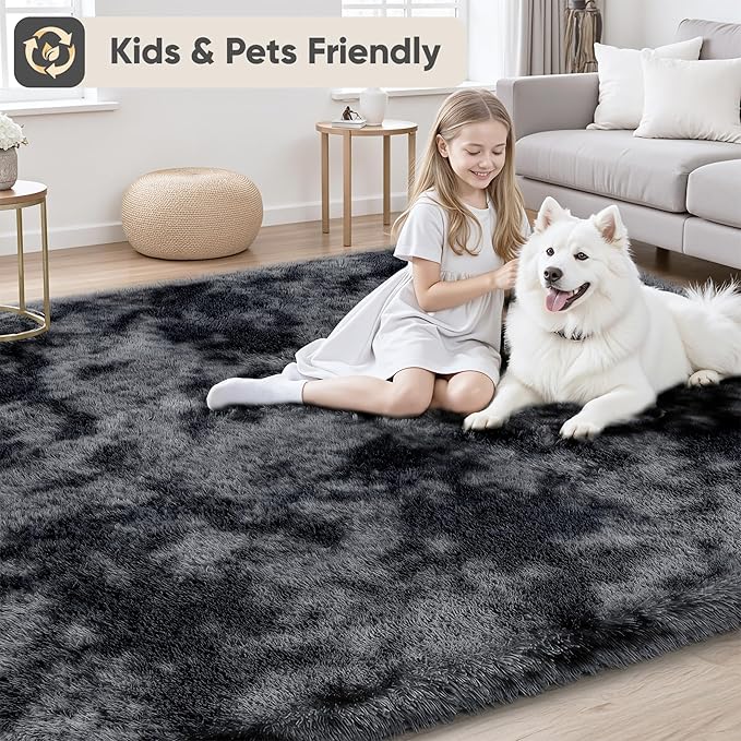 Area Rug for Living Room Bedroom: 9x12 Black Grey Soft Fluffy Shag Upgrade Non-Slip High Pile Carpet Large Fuzzy Plush Indoor Floor Decor Shaggy Rug for Kid Boys Girls Playroom Nursery Modern Home