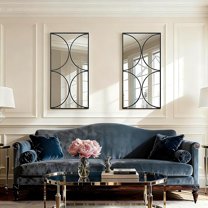 SHYFOY Black Metal Frame Wall Mirror, 47 x 24 Horizontal Rectangle Wall Mirror, Modern Geometric Accent Mirror for Living Room and Entryway