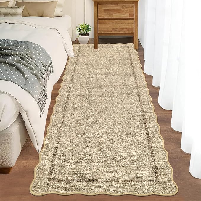 GarveeHome Scalloped Washable Runner Rug 2x8 Runner Modern Non Slip Kitchen Rugs Entryway Rug Farmhouse Soft Bathroom Rugs Stain Resistant Carpet for Hallway Laundry Bedroom 2 ft x8 ft Jute