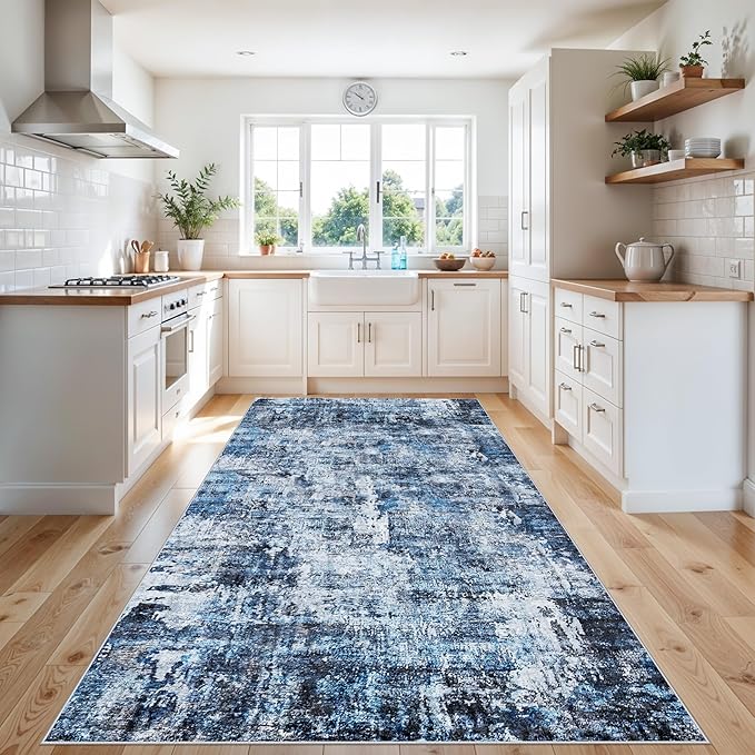 4x10 ft Extra Wide Hallway Rug – Non-Slip Washable Rubber-Backed Large Carpet Runner for Kitchen, Entryway | Modern Abstract, Low-Pile Thin Floor Mat for Bedroom Living Room Dining Room（Navy Blue）