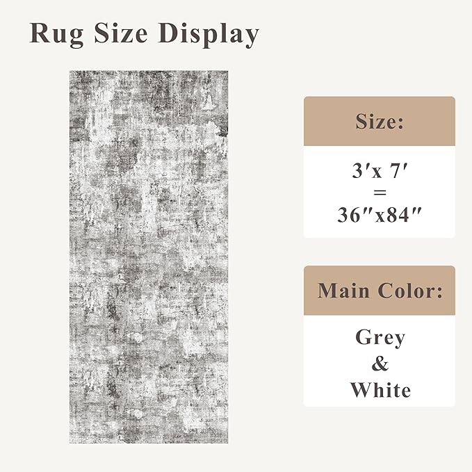 3x7 Washable Non-Slip Kitchen Runner Rug – Modern Abstract Neutral Beige & Gray Carpet for Hallway, Entryway, Bedroom, Laundry Room – Low-Pile Thin Wide Floor Runner with Rubber Backing （Grey）