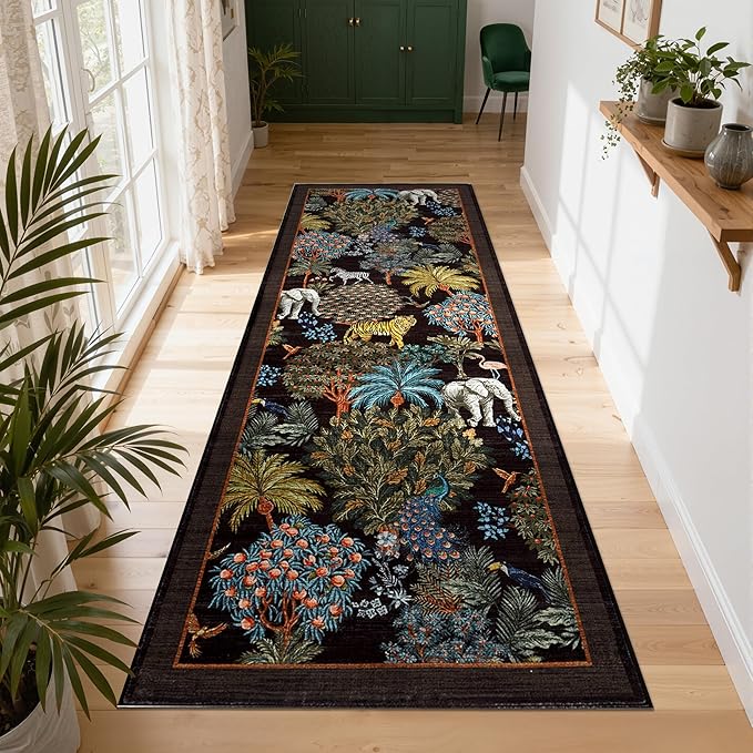 GarveeHome Jungle Rug 2.5x10 Kitchen Runner Rug Non Slip Washable Runners for Hallways, Animal Print Runner Rugs with Rubber Backing Low-Pile Forest Long Carpet for Bedroom Entryway Laundry, Black