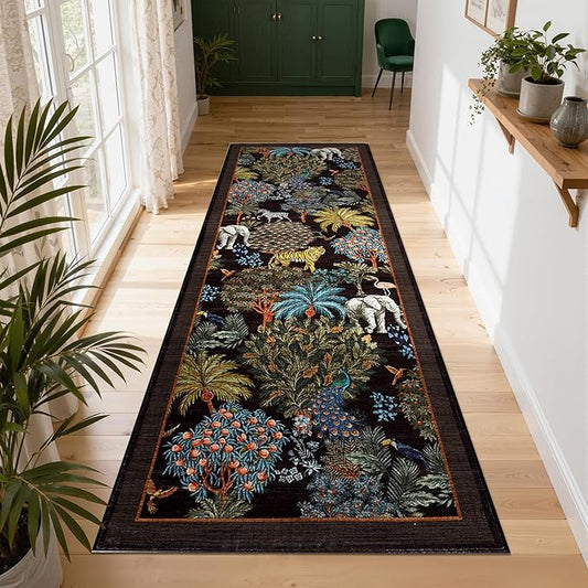 GarveeHome Jungle Rug 2.5x10 Kitchen Runner Rug Non Slip Washable Runners for Hallways, Animal Print Runner Rugs with Rubber Backing Low-Pile Forest Long Carpet for Bedroom Entryway Laundry, Black