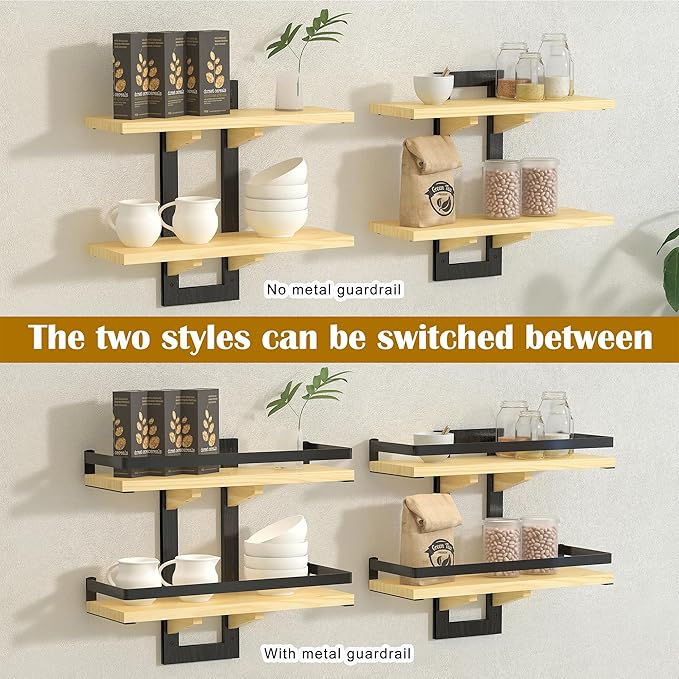 Floating Shelves for Wall, 2-Tier Wood Hanging Decor Storage Shelves, Wall Mounted Floating Shelf for Living Room, Bedroom, Bathroom, Kitchen, Office, Study (2-Pack Wood)