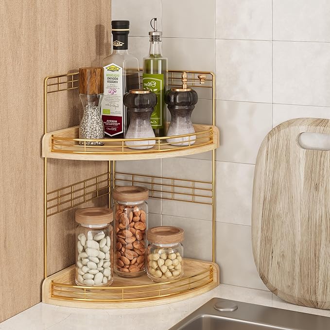 2-Tier Bathroom Countertop Corner Organizer for Small Spaces Counter Shelf for Sink & Vanity, Compact Vertical Storage for Toiletries (Natural)