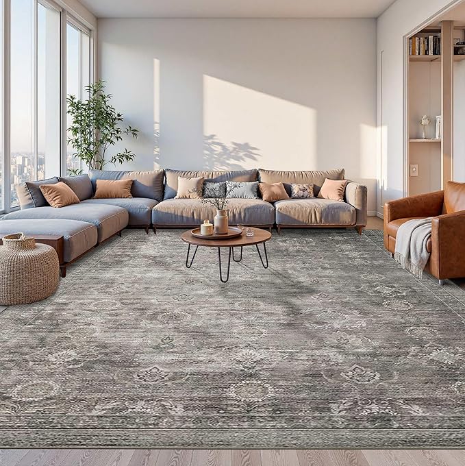 Rugxara 9x12 Area Rugs for Living Room Bedroom, Large Washable Rug, Grey Vintage Retro Boho Rug, Non Slip & Low Pile Faux Wool Thin Carpet for Indoor Dining Room and Kids Room(Taupe/Grey 9x12ft)