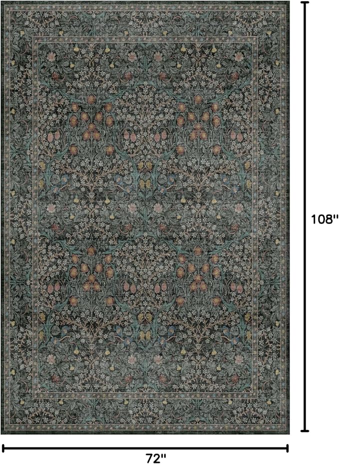 Dining Room Rugs for Under Table - 6x9 Washable Dark Green Oriental Area Rug for Living Room, Low Pile Non-Slip Floor Carpet for Bedroom - Vintage Design & Stain Resistance (6x9 Dark Green)