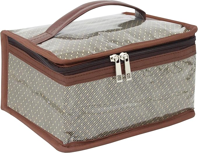atorakushon Nylon MakeUp Organizer Case Travel Jewelry Bag Transparent Ring Earring Storage Box for Bracelet Pendant Holder with 7 Clear Zippered Pouch Brown