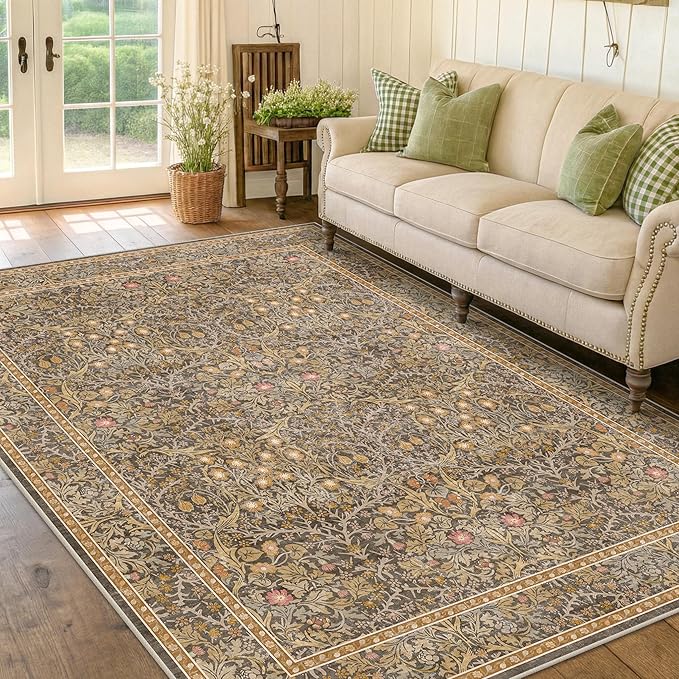 Washable Living Room Rug 6x9 - Brown Oriental Area Rug for Bedroom, Dining Room Rug for Under Table, Low Pile Non-Slip Floor Carpet for Home Office, Study Room - Vintage Design & Stain Resistance