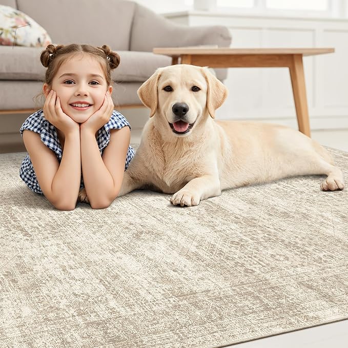 Soalmost 12x15 Washable Area Rug Beige Neutral Abstract Living Room Large Carpet Non Slip Bedroom Indoor Office Dining Room Low Pile Thin Rug