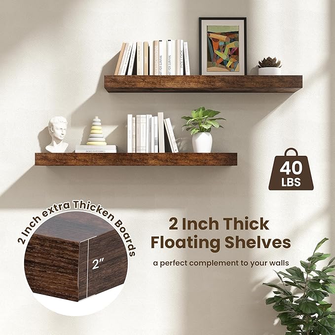FLYJOE Deep Floating Shelves | 40 Inch Floating Shelves Set of 2 | 12 Inch Deep Brown Wood Wall Shelves | 40" W x 12" D Rustic Brown Shelves for Bathroom Living Room Kitchen Laundry Room