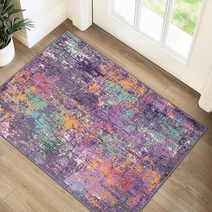 RELEANY Washable Area Rugs 2'x3' Non-Slip Modern Abstract Soft for Living Room Entryway Bedroom Nursery, Print Pattern, Purple Orange Blue Green Rust Red Colorful