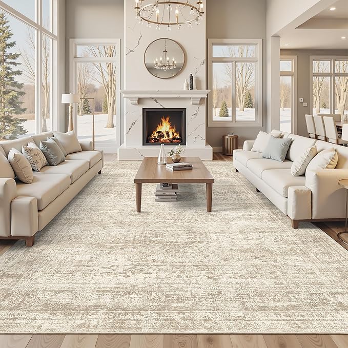 Soalmost 12x15 Washable Area Rug Beige Neutral Abstract Living Room Large Carpet Non Slip Bedroom Indoor Office Dining Room Low Pile Thin Rug