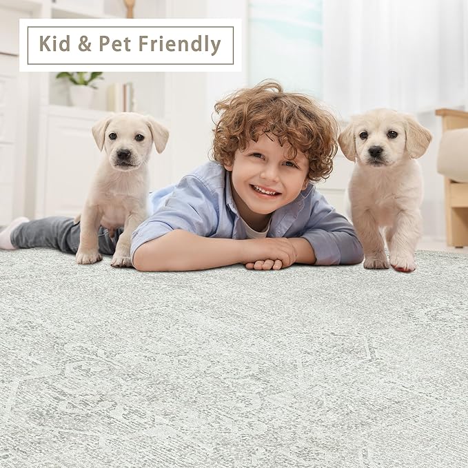 Srugn Washable Rugs 5x7 Area Rugs for Living Room,Bedroom,Large Carpets,Ultra Soft Faux Wool Retro Dining Room Rug,Non Slip&Non-Shedding Low Pile Vintage Rugs for Home Office,Concrete Grey