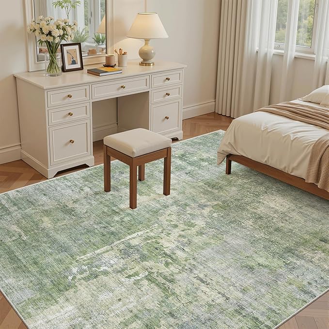 Soalmost 7x9 Area Rug for Living Room Washable Abstract Vintage Soft Thin Indoor Floor Non-Slip Carpet for Bedroom Dining Room Green/Ivory