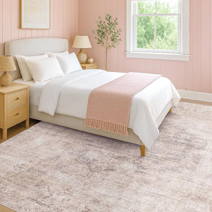 Hazo Haus Modern Pink and Grey Rugs for Bedroom Girls - Abstract 6x9 Area Rug for Living Room, Dining Room Under Table, Thin & Soft Washable, Print Distressed Medallion Pattern
