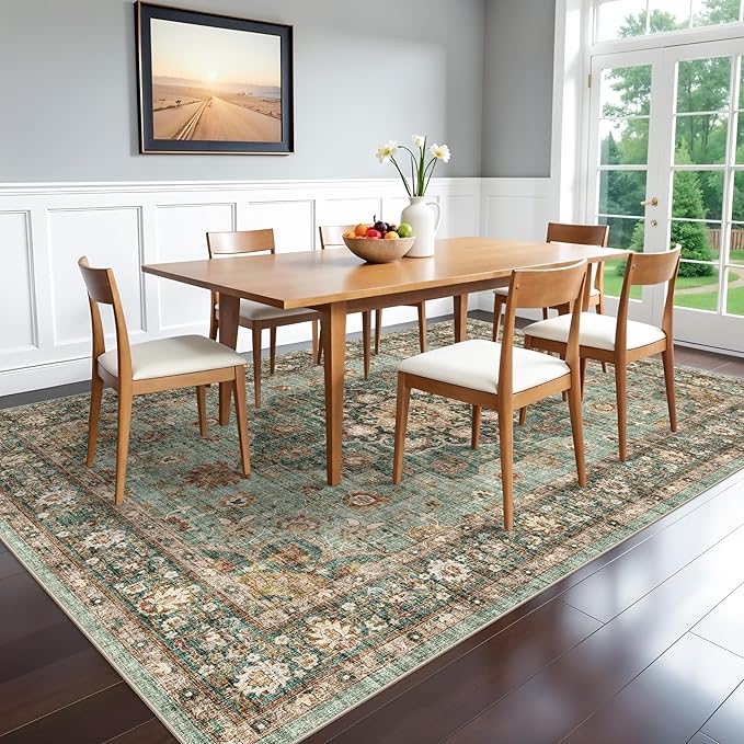 TOPRUUG Washable Oriental Area Rug - 6x9 Rugs for Living Room Soft Carpet for Bedroom Waterproof Floral Distressed Indoor Stain Resistant Non-Shedding Floor Carpets (Green, 6x9)