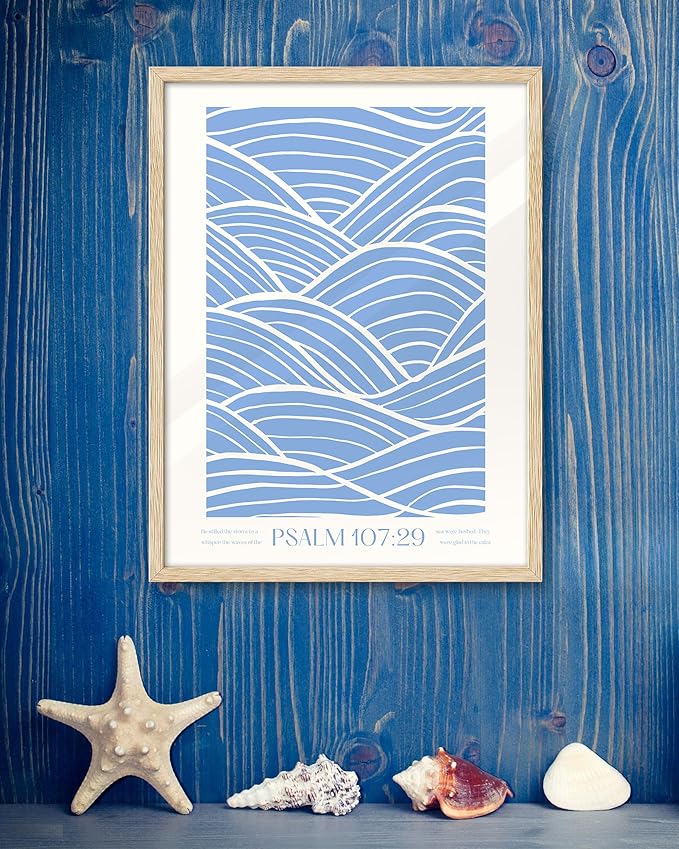 EcoHest Modern Christian Ocean Waves Framed Wall Art, Large 16x20 in OAK Wood Christian Psalm 107:29 Canvas Wall Art, Beige Logs Storm Home Decor Set of 1 for Bedroom Living Room